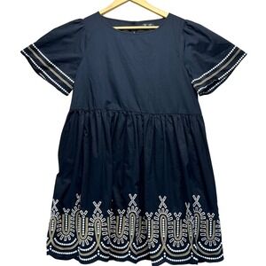 Madewell Embroidered Eyelet Puff Sleeve Mini Dress Black Boho Scalloped Large